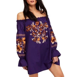 FREE PEOPLE Mini Dress Fleur du Jour Embroidered Tunic Purple Off the Shoulder - Picture 1 of 16