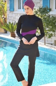 Women Modest Muslim Swimsuit Black/purple - Picture 1 of 1