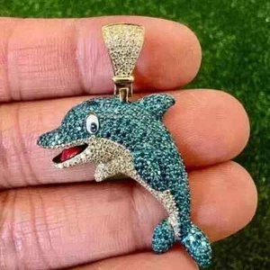 2Ct Lab Created London Blue Topaz Dolphin Men's Pendant 14K Yellow Gold Plated - Picture 1 of 4