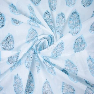 Handmade Blue Floral Print Running Indian Hand Block Cotton Summer Fabric - Picture 1 of 5