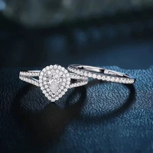 Pear Cut 1 Ct Moissanite Bridal Set Wedding Ring Solid 14k White Gold For Bride - Picture 1 of 7