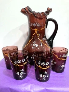 Antique Amethyst Enamel Painted Purple Pitcher & 4 tumblers floral - Picture 1 of 11