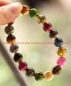 Natural Multicolor Tourmaline Gemstone Round Beads Stretch Bracelet Bangle 7.5''
