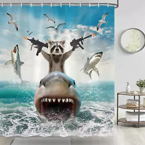 Funny Animal Shower Curtain, Cool Raccoon Riding Shark Theme Ocean Shower Curtai - Picture 1 of 12