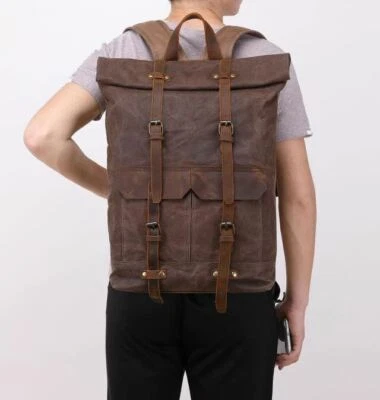 New Waterproof Oil Wax Canvas+Leather Backpack Handbag Travel Book Laptop Bag L - Image 1 of 4