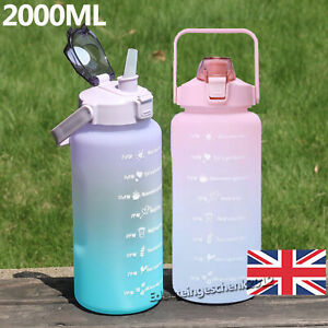 2L Motivational Water Bottle With Time Marker Straw ExtraLarge 2000ml Stamp Gym