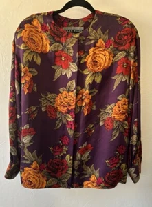 Ellen Tracy Linda Allard 100% Silk Top Blouse Purple Orange Red Floral Size 8 - Picture 1 of 4