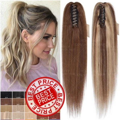 Magic Wrap Ponytail Claw Clip In Remy Human Hair Extensions Straight THICK Ombre - Image 1 of 4