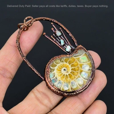 Pingente de opala etíope em pedra preciosa fóssil de amonita eletroformada joia cobre - Imagem 1 de 4