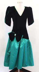 Vtg 80s Black Green Velvet Big Bow Puff Sleeve Party Prom Dress Size S ? Retro - Picture 1 of 10