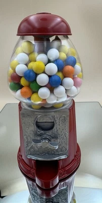 1985 Vintage Red Petite CAROUSEL Gumball Machine Metal w Glass Globe WORKS !  9" - Image 1 of 4