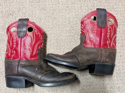 Old West Toddler Red Brown Leather Cowboy Heeled Boots 3254 Sz 7 Unisex Western - Image 1 of 4