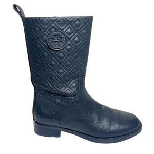 Tory Burch Marion Quilted Logo Calf-High Short Boots FLAW Black Womens 8.5 - Picture 1 of 9