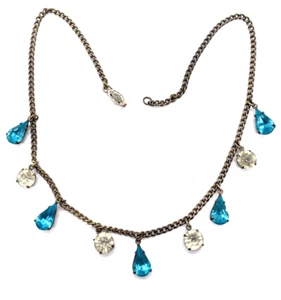 Vintage antike goldfarbene Halskette mit Aqua Strass Träne Tropfen & runden Kristallen - Bild 1 von 7