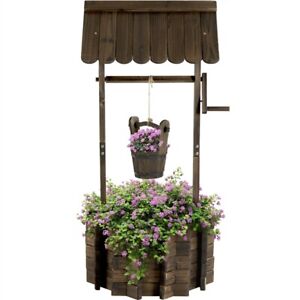 Wooden Wishing Well Planter Raised Garden Bed with Hanging Flower Bucket Plants