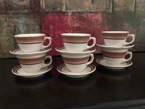6 BUFFALO Oneida CHINA Cup & Saucer RESTAURANT WARE White Tan Brown Bands RARE - Picture 1 of 12
