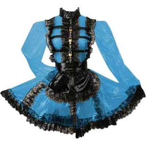 Lockable French Maid Outfit Clear PVC Plastic Sexy Long Puff Sleeve Maid Dress - Picture 1 of 24