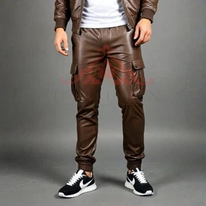 Men's Soft Genuine Leather Brown TrackSuit Trouser Pockets Jogging Road Walking - Bild 1 von 2