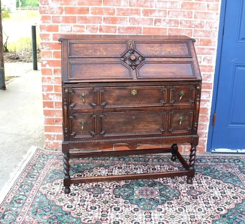 English Antique Oak Jacobean Front Drop Desk | Home Office Furniture Cover