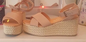 New Look Pale Pink Cross Strap Woven Flatform Espadrille Wedges Size 4 - Picture 1 of 4