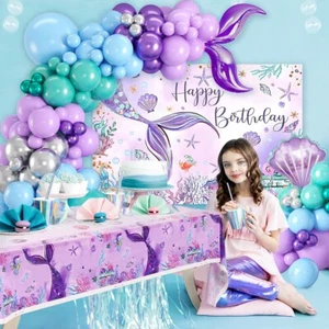 Juego de decoración de cumpleaños de sirena - telón de fondo, globos y mantel - 109 piezas - Imagen 1 de 5