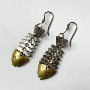 Pendientes de plata mexicanos vintage cola huesos de pez TAXCO estampados 925, alrededor de 1980 - Imagen 1 de 11