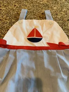 Kelly's Kids Sailboat Applique Shortalls Romper Blue White Stripe Size 7 Retro - Picture 1 of 7