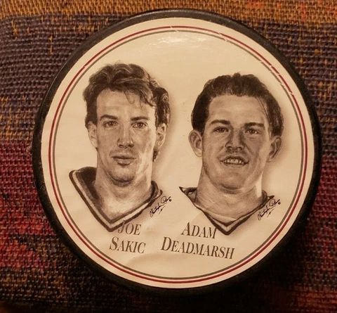 Joe Sakic & Adam Deadmarsh 1990s NHL Colorado Avalanche Burger King NHL Puck Cover