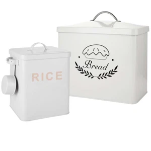 2 Pack Metal Bread Bin with Lid, Large Square Rice Container with Lid & Spoon - Picture 1 of 1