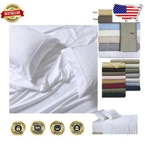 Crisp White 650-Thread-Count Damask Striped Cotton Blend Full Bed Sheets Set - Picture 1 of 8