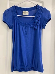 Fair Condition Zara Basic Blue Scoop Neck Short Sleeve Shirt with Bow Size Small - Picture 1 of 6