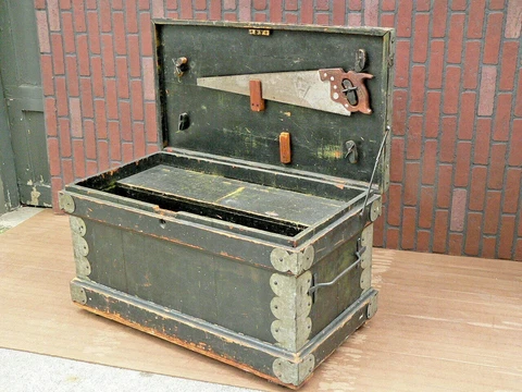 Antique Carpenters Chest Tool Box Old GREEN PAINT Flat Top Fitted Interior Cover
