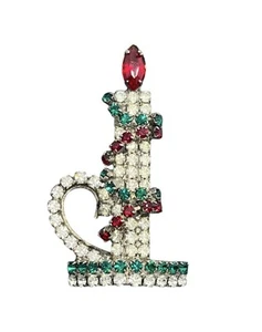 Christmas candle light red & green rhinestone Holiday brooch pin vintage - Picture 1 of 11