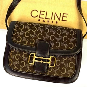 CELINE Shoulder Bag Gold Hardware Horse bit Leather Brown Vintage - Picture 1 of 9