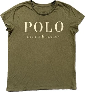 VTG Polo Ralph Lauren S Women's Cap Sleeve Logo Spellout Cotton Tshirt Y2K Olive - Picture 1 of 6