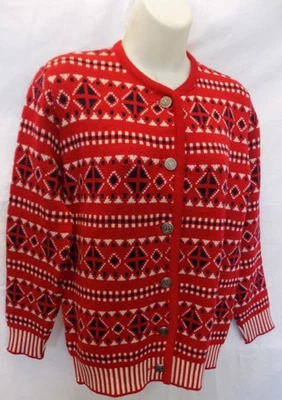 DEMETRE PURA LANA VIRGEN ROJO GEOMÉTRICO ESQUÍ SUÉTER Cárdigan Botones Grabados M- Foto 1 de 4
