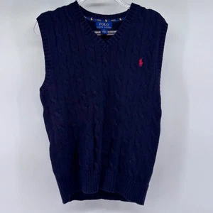 Polo Ralph Lauren Jungen Pullover Weste mit Zopfmuster blau rot Logo Größe 7 - Bild 1 von 4