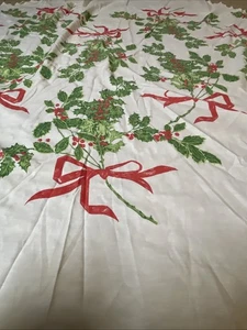 67” Round Vintage Christmas Holly & Ribbons Table Cloth Subtle Color On White - Picture 1 of 8