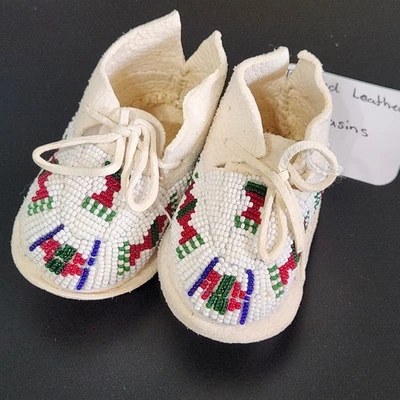 Handmade Native American  Baby Moccasins – Beaded Leather Soft Sole Infant Shoes - Image 1 of 4