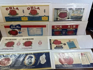 Lotto 8 pomodori vintage inutilizzati etichetta latta decorazione metà secolo MCM pomodoro luminoso - Foto 1 di 10