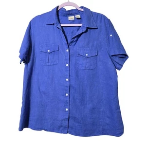 L.L. Bean Women’s Linen Button-Up Shirt Cobalt Blue, Sz L, Short Sleeve, Casual - Picture 1 of 12