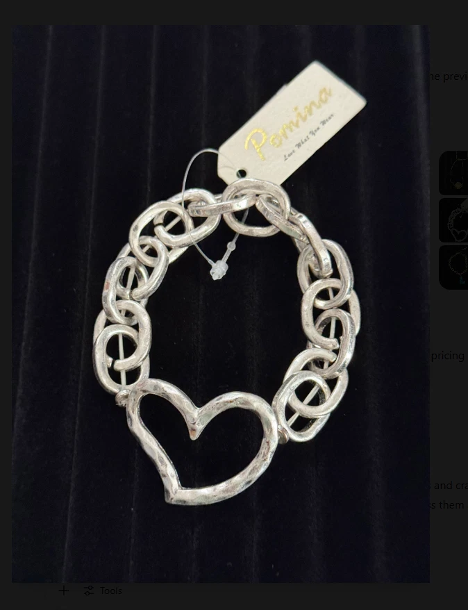 Pomina Hammered 银色链式手链带开口心形小饰品 - 全新带标签 — 第 1/1 张图片