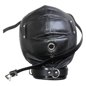 Genuine Black LEATHER GIMP Lockable O Ring Full Hood Mask Mouth Party Play Mask - Picture 1 of 4