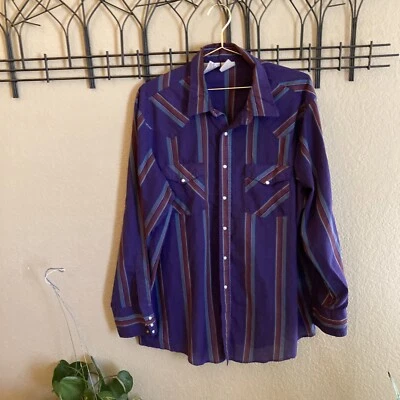 Vintage Western Frontier Men's Striped Pearl Snap Cowboy Shirt Size 2X Purple  - Image 1 of 4
