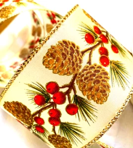 Pinecones 2.5" by 5 yds Red Berries & Boughs Winter Wired Ribbon Gold Glitter - Picture 1 of 8