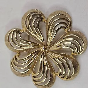 Goldfarbene Brosche mit gebürsteter Blume unmarkiert floral Anstecknadel - Bild 1 von 6