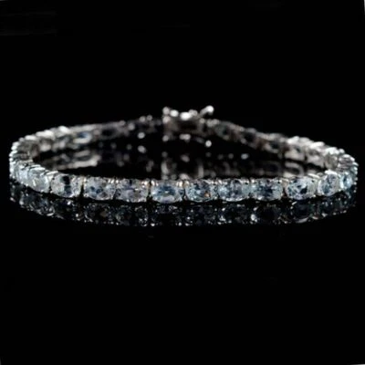 Brazalete Tenis Mujer Vintage Corte Ovalado Aguamarina Acabado Oro Blanco 14K 10Ct Foto 1 de 4