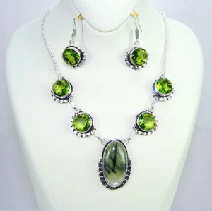 Damenanhänger Set charaktervolle Sterling Silber 925 Edelstein Prehnit, Peridot - Bild 1 von 4