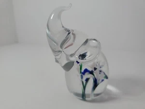 Elephant Art Glass Figurine Hand Blown Blue Flower Paperweight - Picture 1 of 7
