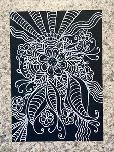SEArts White Floral ACEO ORIGINAL Zentangle Heavy Black 184# Mixed Media Paper - Picture 1 of 3